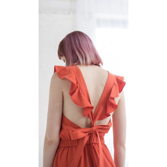 Ulla Johnson Viola Ruffled Linen Wide Leg Jumpsuit in Chili Pockets Size 8 - Picture 6 of 12